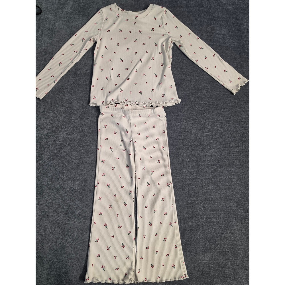 Cat & Jack Girls Holly Berry Ribbed Lounge Set Cream Red Lettuce Edge 2 Piece
